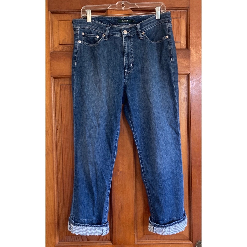 Lauren Ralph Lauren Womens 12 Blue Striped Cuff Straight Leg Jeans Preppy Beach
